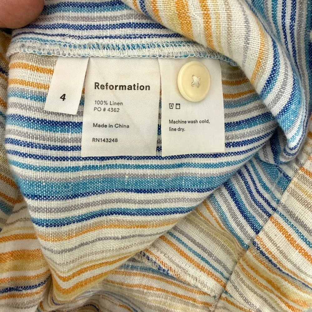 Reformation Pants Womens 4 Blue Orange Stripe 100% Linen Wide Leg High Rise
